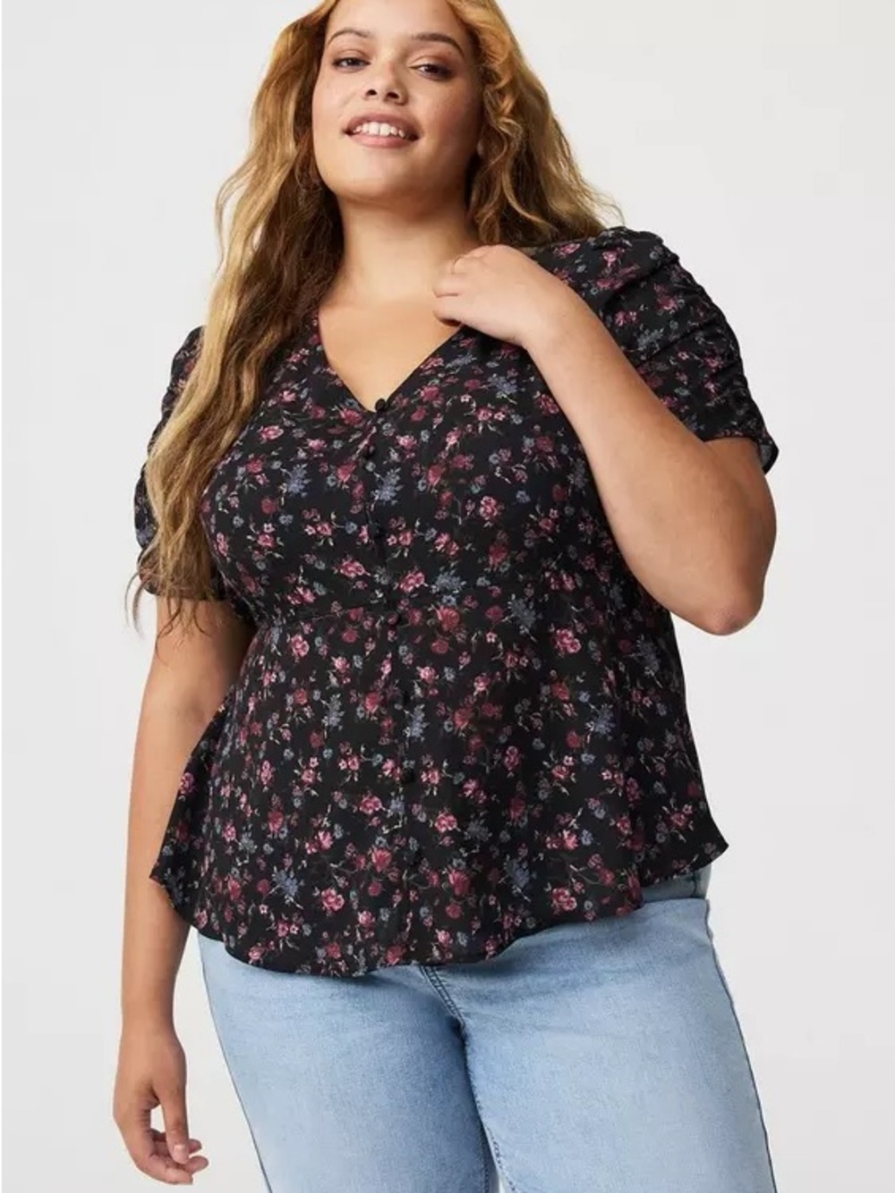 torrid Black Floral V-Neck Peplum Top with Pink Accents
